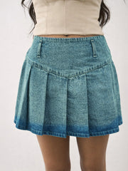Girls Green Acid Wash Denim Box Pleat Mini Skirt