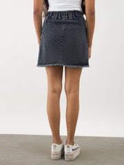 Girls Black Washed Denim Front Criss Cross Mini Skirt