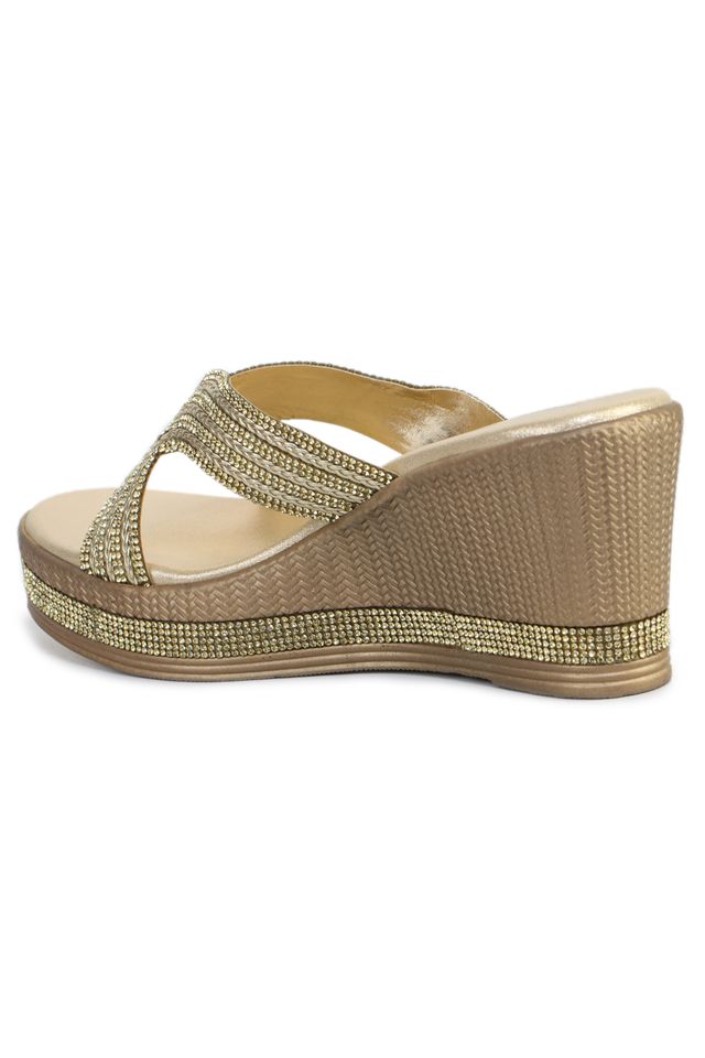 Gold Casual Wedge Open Back 3 inches Wedge Heels