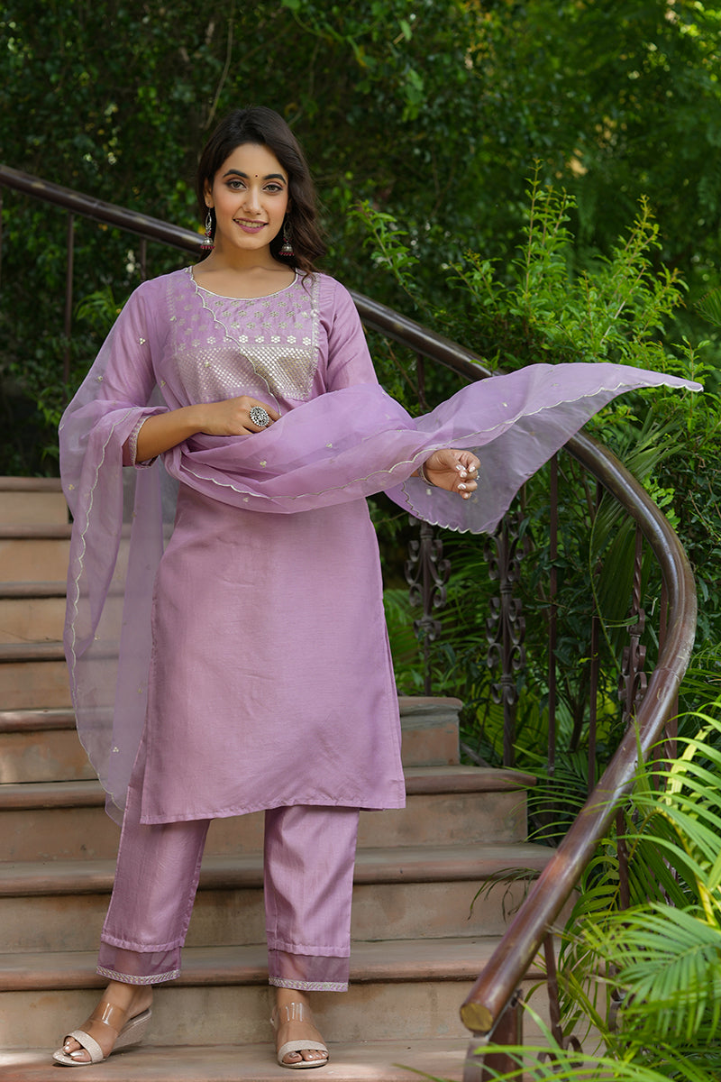 mauve poly silk solid sequin straight suit set