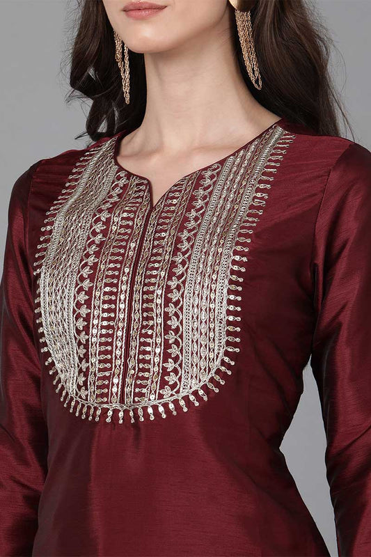 women maroon poly silk solid yoke design kurta trousers with dupatta pkskd1593