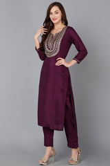 silk blend purple embroidered straight kurta pant with dupatta