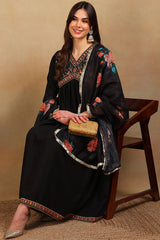 black silk blend solid embroidered flared empire suit set