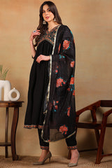 black silk blend solid embroidered flared empire suit set