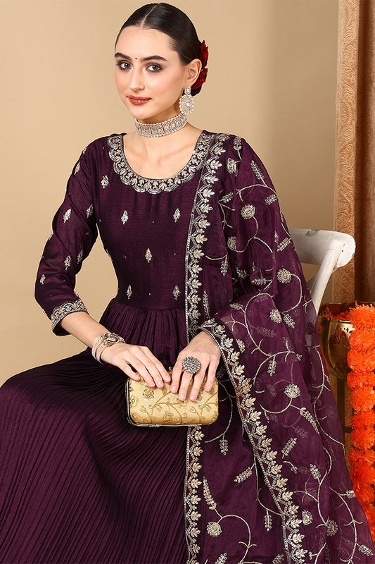 magenta silk blend embroidered anarkali suit set pkskd2057