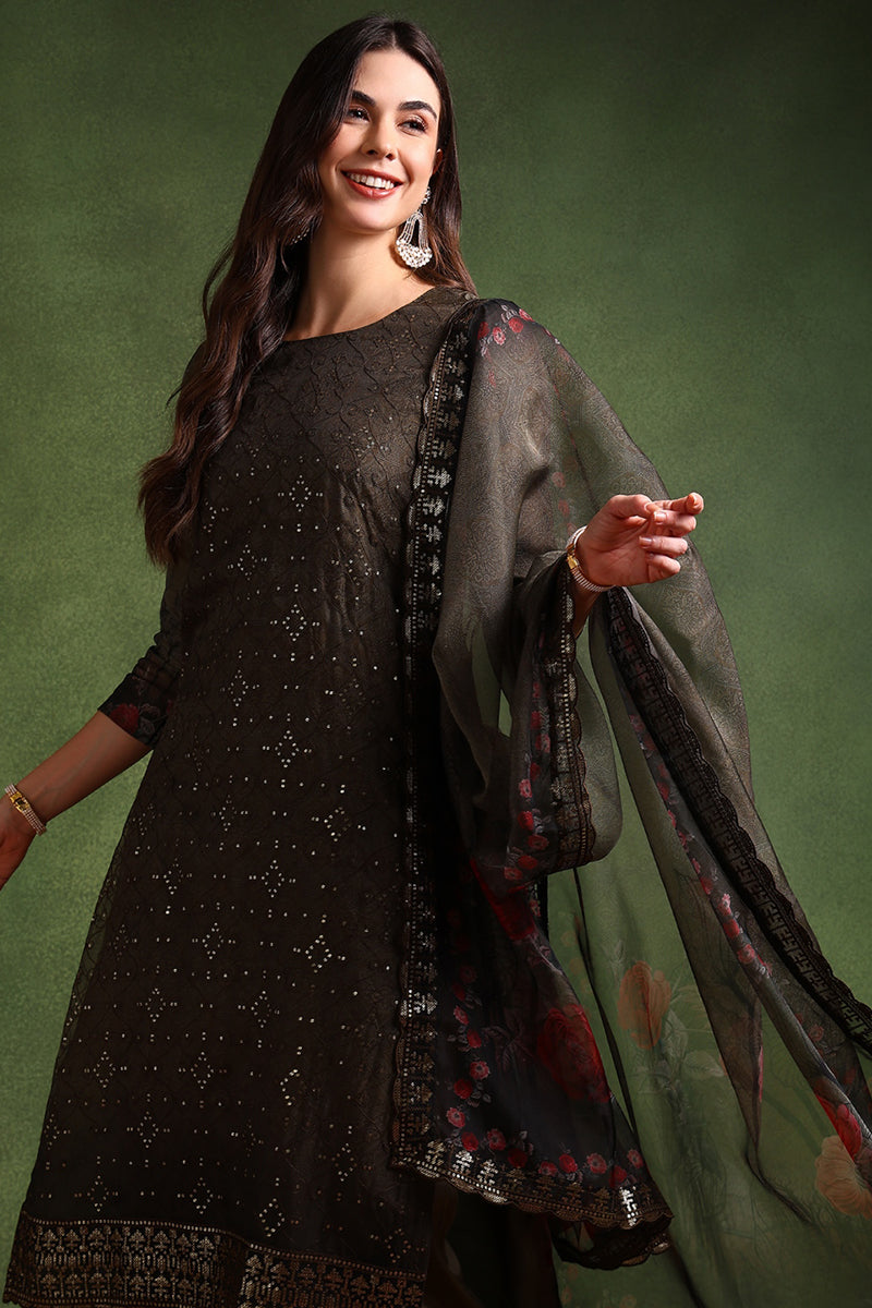 Green Organza Floral Embroidered Straight Suit Set