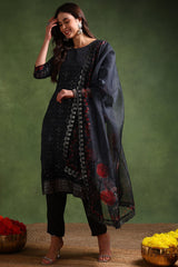 black organza floral embroidered straight suit set