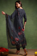 black organza floral embroidered straight suit set