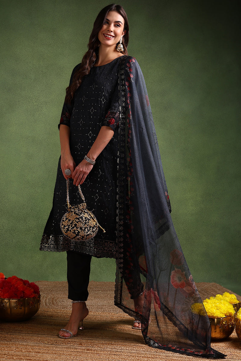 black organza floral embroidered straight suit set