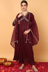 plus size maroon silk blend solid embroidered flared suit set