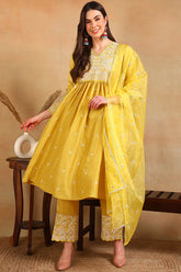 plus size yellow silk blend solid yoke design flared style suit set