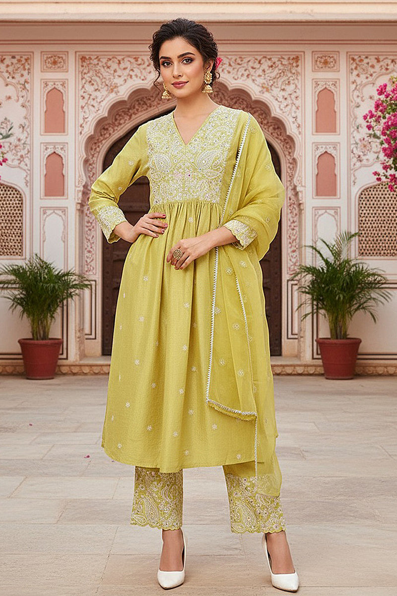 yellow-silk-blend-solid-yoke-design-flared-style-suit-set-pkskd2125