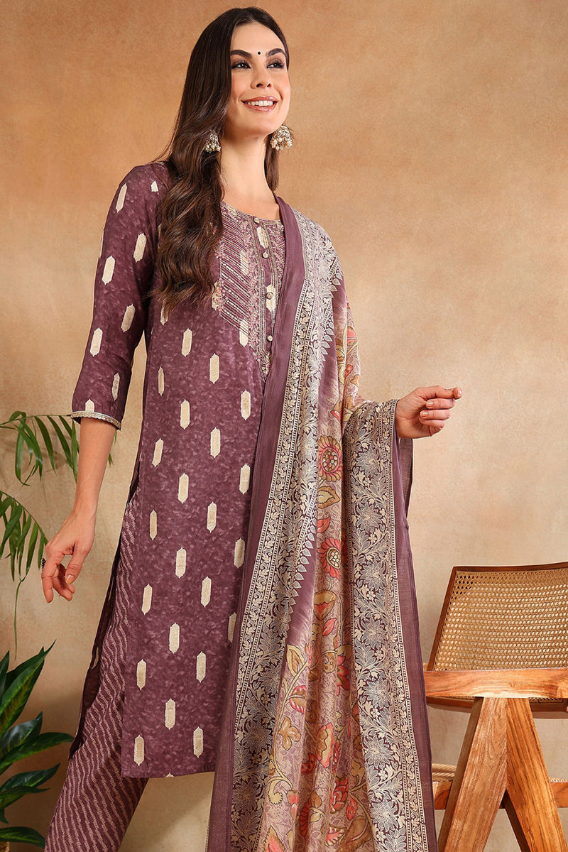 Mauve Silk Blend Ethnic Motifs Embroidered Straight Suit Set