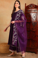 purple silk blend solid embroidered flared suit set