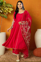 fuchsia pink silk blend solid embroidered flared suit set