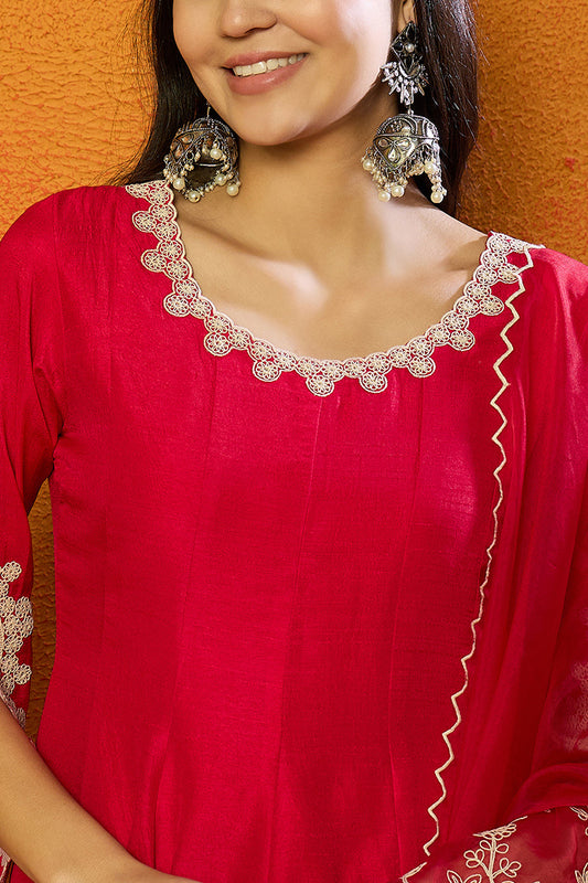fuchsia pink silk blend solid embroidered flared suit set