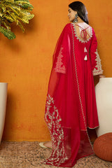 fuchsia pink silk blend solid embroidered flared suit set