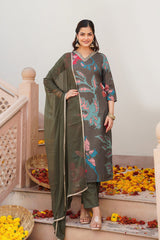 olive cotton blend floral printed straight suit set