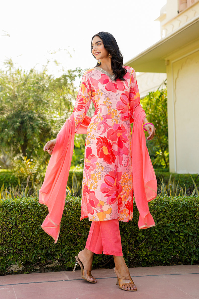 peach rayon blend floral printed straight trouser suit set
