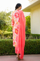 peach rayon blend floral printed straight trouser suit set