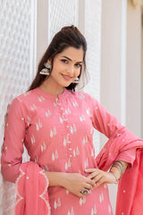 pink silk blend solid embroidered straight suit set with trouser bottom