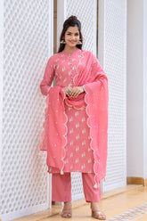 pink silk blend solid embroidered straight suit set with trouser bottom