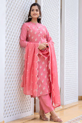 pink silk blend solid embroidered straight suit set with trouser bottom