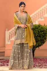beige viscose shimmer embroidered straight kurta sharara with dupatta