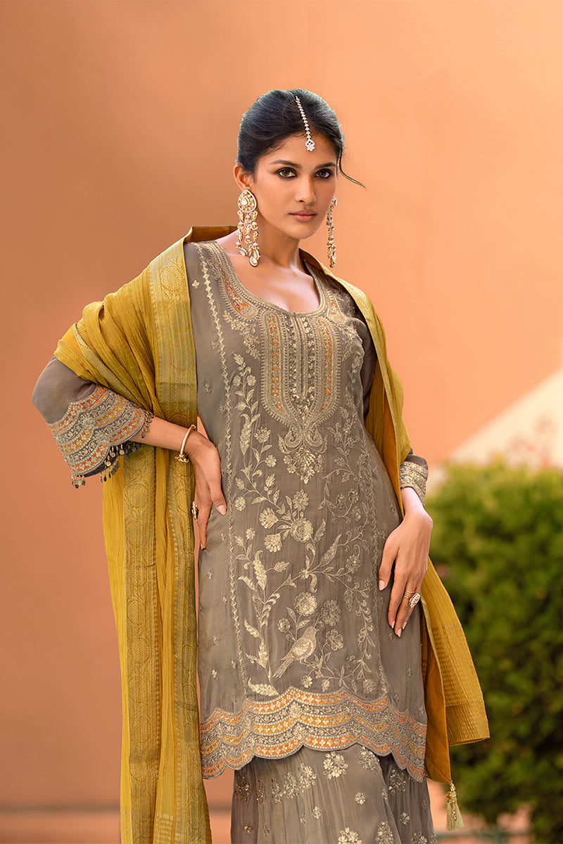 beige viscose shimmer embroidered straight kurta sharara with dupatta