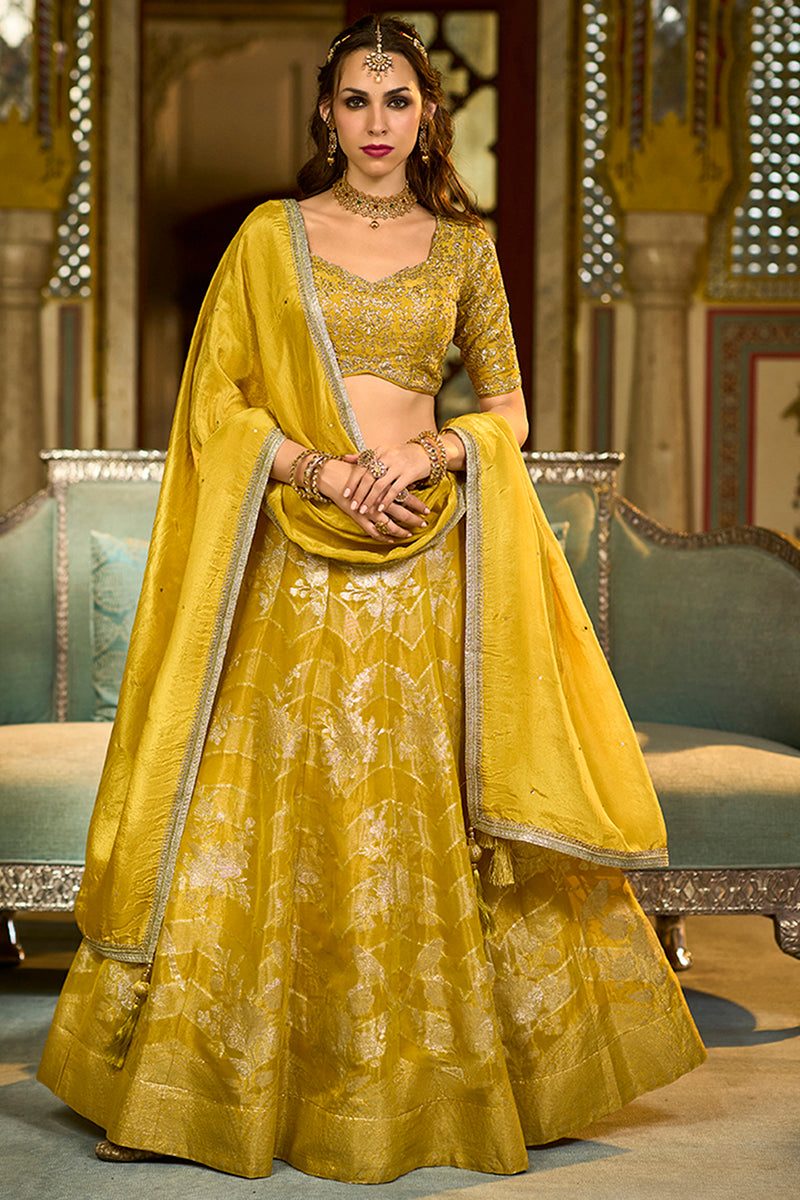 mustard silk blend embroidered flared lehenga choli with dupatta
