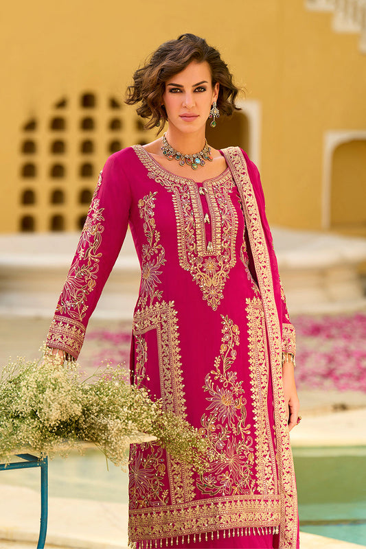 pink chinon chiffon embroidered straight kurta sharara with dupatta