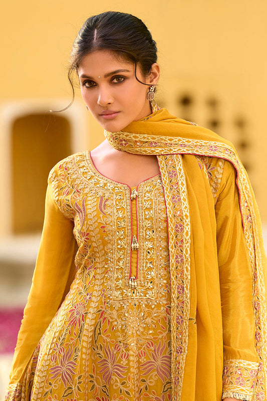 yellow chinon chiffon embroidered anarkali kurta sharara with dupatta