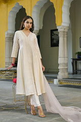 off white silk blend solid embroidered a line kurta trousers with dupatta