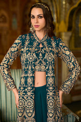 teal poly georgette embroidered straighit top sharara with shrug