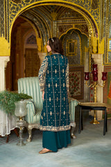 teal poly georgette embroidered straighit top sharara with shrug