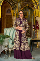 purple poly georgette embroidered straighit top sharara with shrug