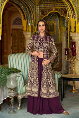 purple poly georgette embroidered straighit top sharara with shrug
