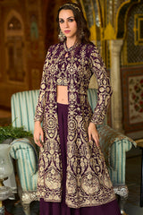 purple poly georgette embroidered straighit top sharara with shrug