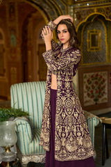 purple poly georgette embroidered straighit top sharara with shrug