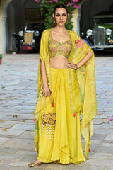 yellow chiffon solid embroidered straighit top skirt with shrug