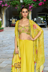 yellow chiffon solid embroidered straighit top skirt with shrug