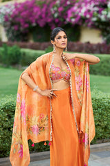 orange silk blend embroidered straighit top skirt with shrug
