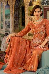 orange solid embroidered straight kurta palaazo with dupatta