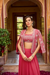 pink silk blend embroidered flared top bottom with shrug