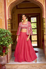 pink silk blend embroidered flared top bottom with shrug