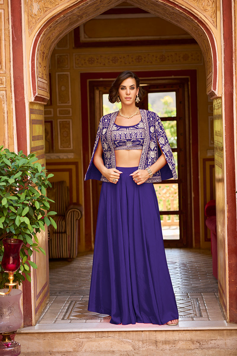 blue silk blend embroidered flared top bottom with shrug