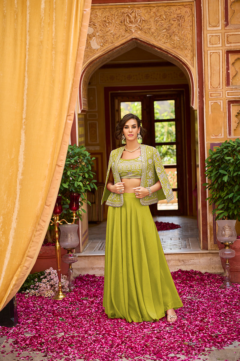 green silk blend embroidered flared top bottom with shrug