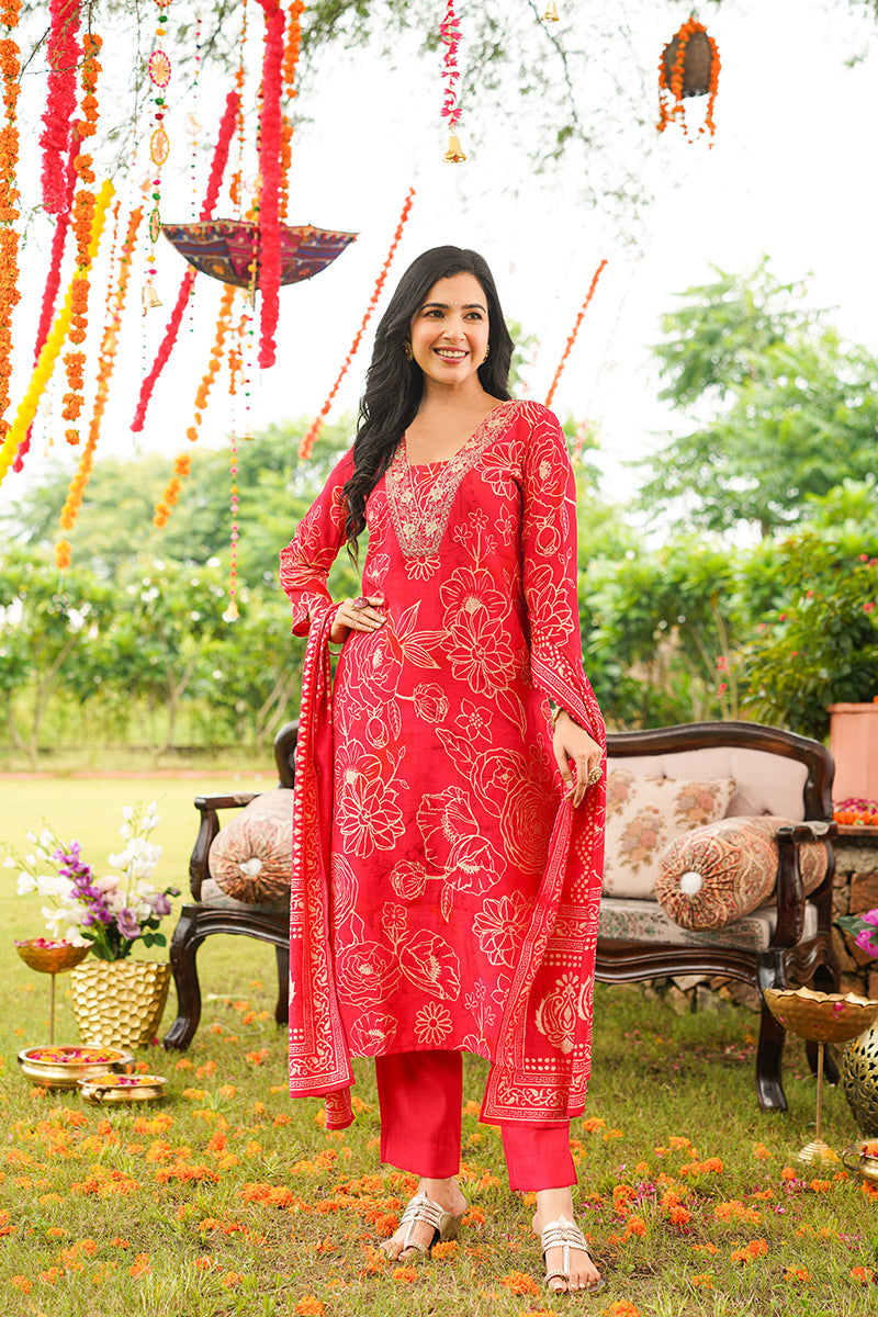 red viscose rayon floral embroidered straight kurta trousers with dupatta pkskd3078