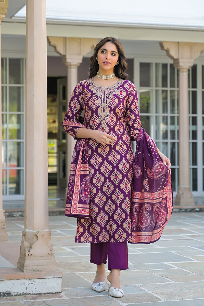purple viscose ikat embroidered straight kurta trousers with dupatta