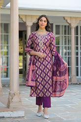 purple viscose ikat embroidered straight kurta trousers with dupatta